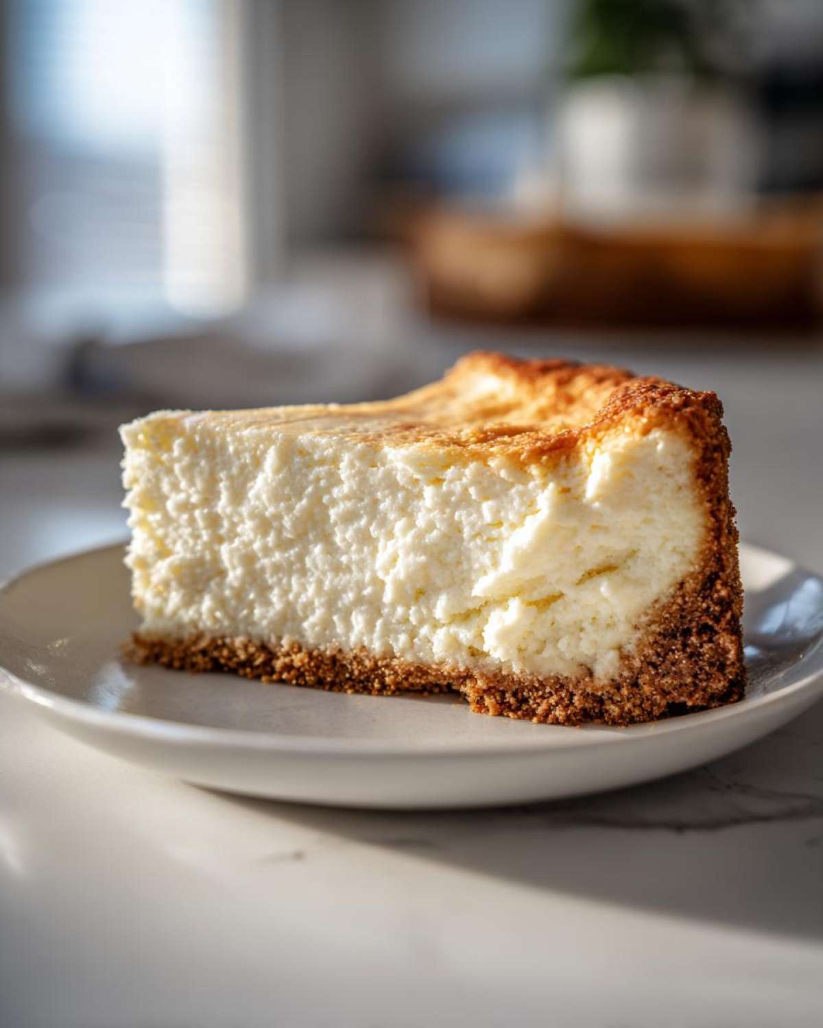 Close-up of a thick slice of creamy new york cheesecake with a golden-brown graham cracker crust.