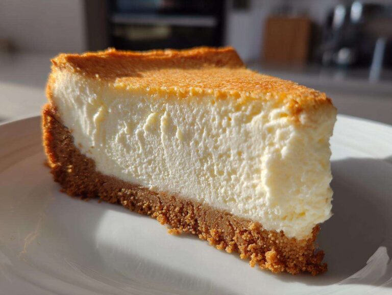 Close-up of a thick slice of creamy new york cheesecake with a golden baked top and graham cracker crust.