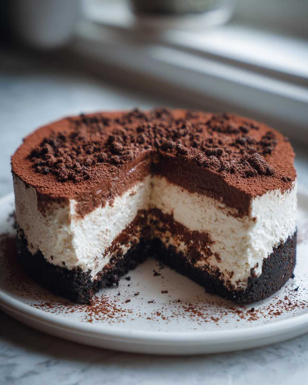 A beautiful no bake tiramisu cheesecake with a slice removed, showing layers of dark crust, white filling, and chocolate topping dusted with cocoa.
