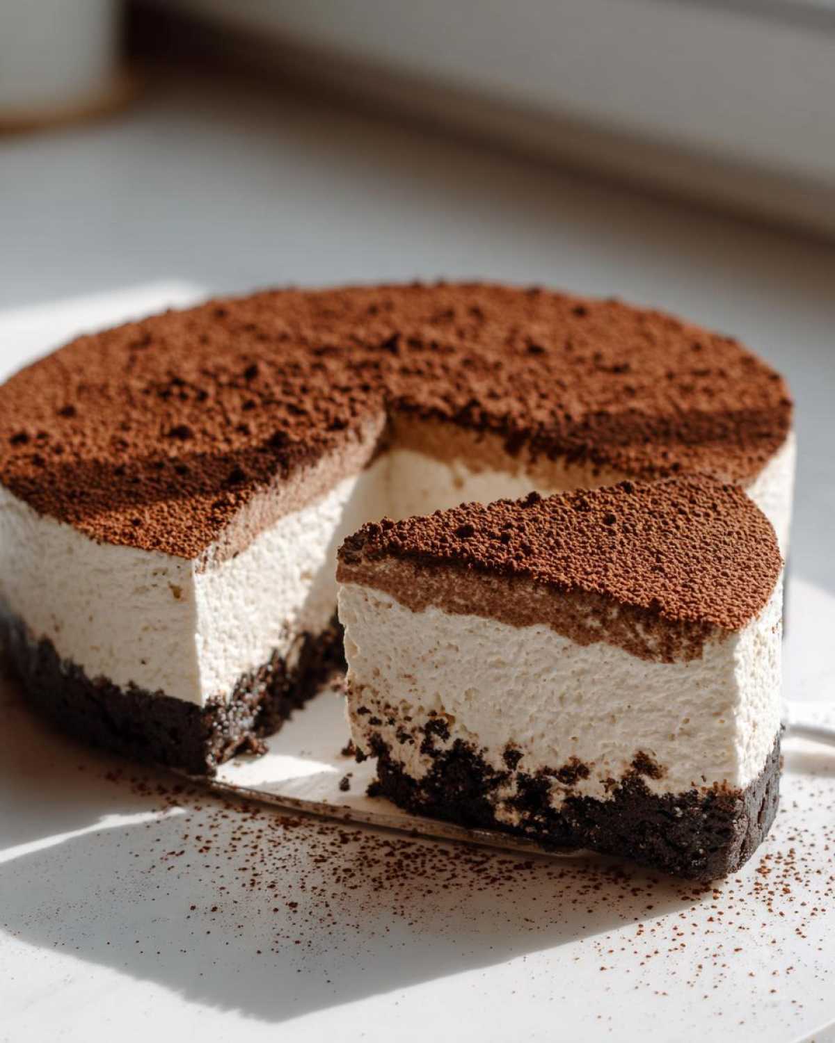 A slice being lifted from a no bake tiramisu cheesecake with a dark chocolate crust and cocoa powder topping.