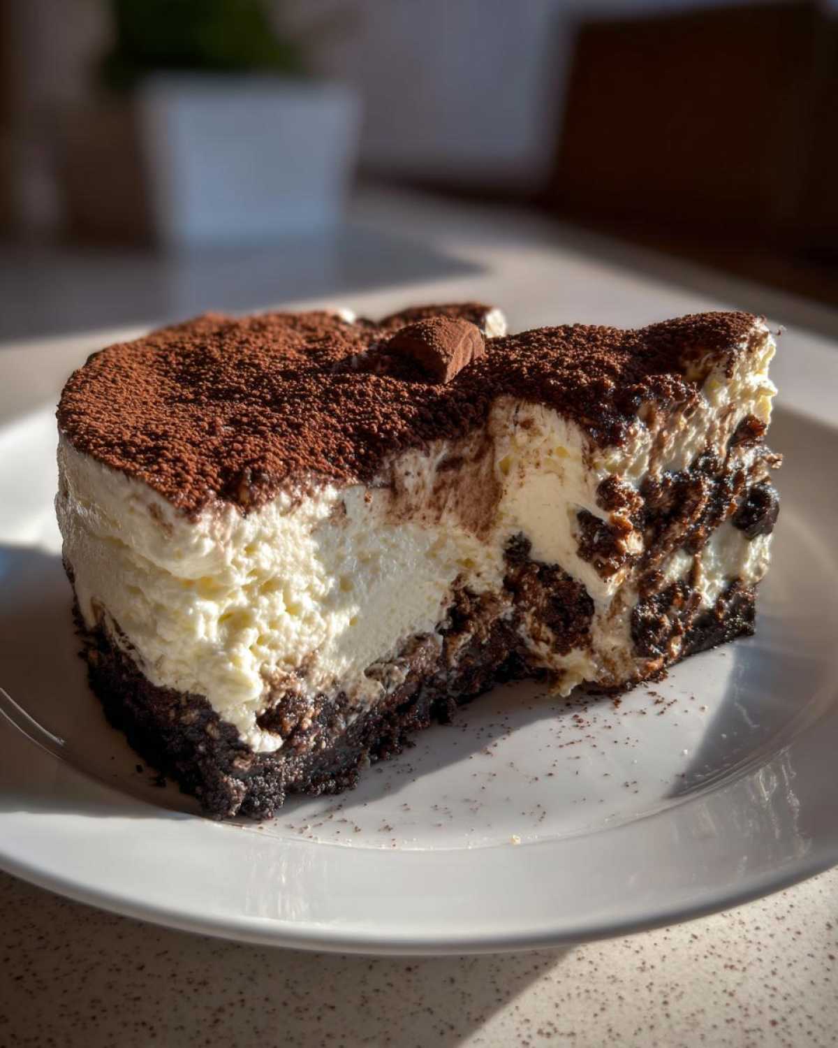 A rich slice of no bake tiramisu cheesecake with a creamy white filling and dark chocolate crust, dusted heavily with cocoa powder.