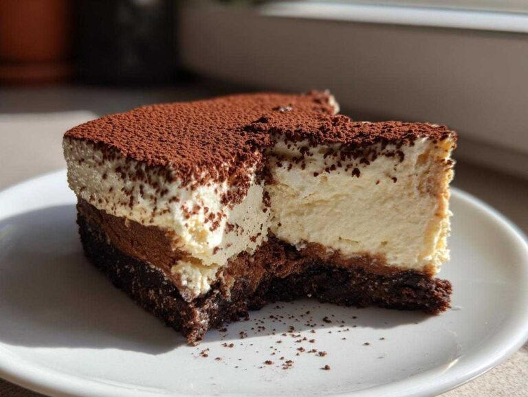 Amazing 1 No Bake tiramisu cheesecake reveal Close-up of a slice of no bake tiramisu cheesecake showing layers of dark crust, chocolate, and cream cheese topping dusted with cocoa.