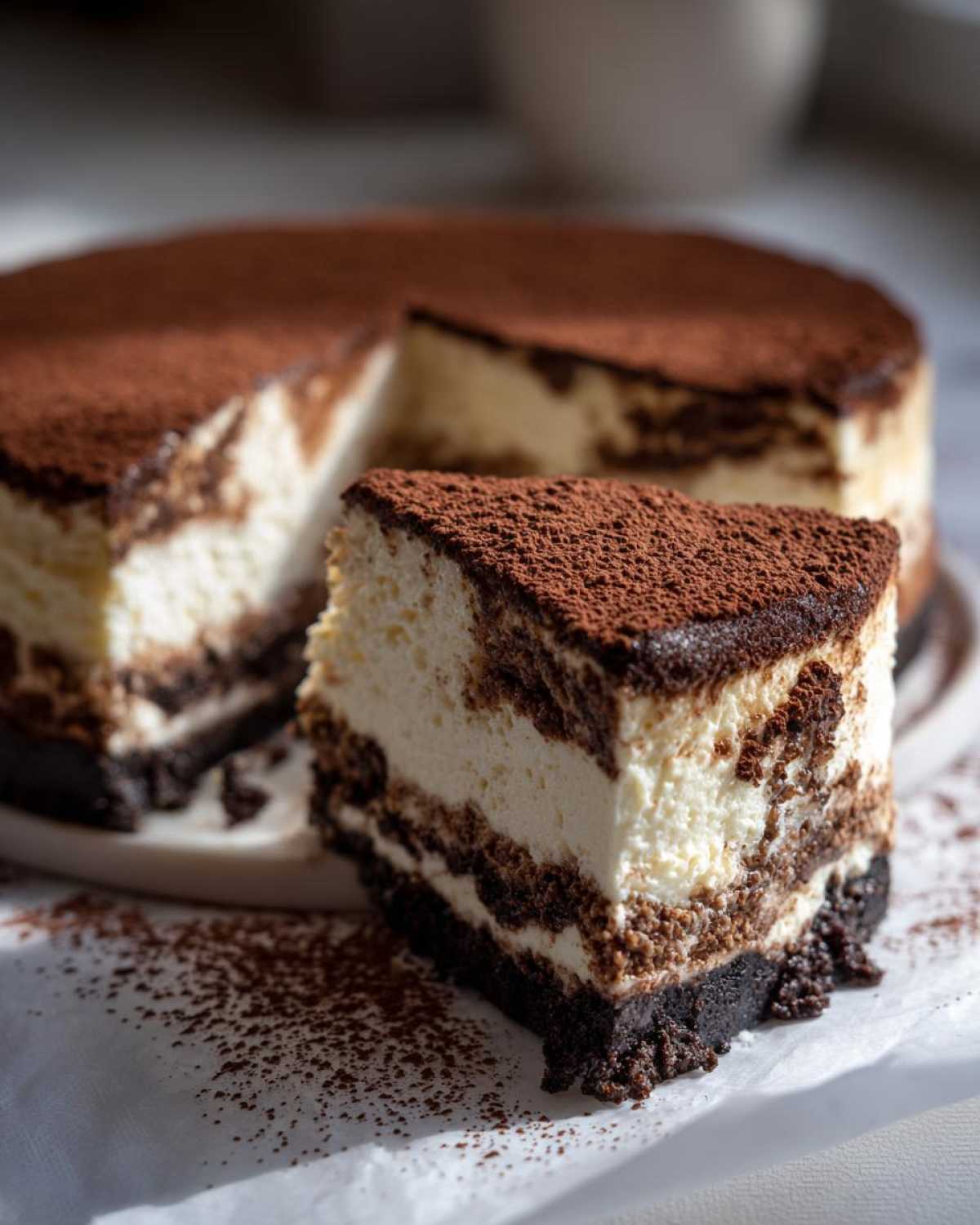 A close-up of a rich slice of no bake tiramisu cheesecake with a dark crust and cocoa dusting.