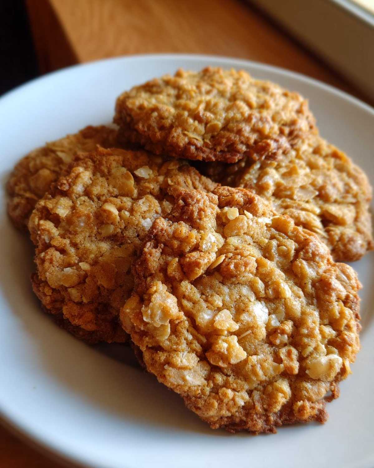 Close-up of several golden brown oatmeal lace cookies piled on a white plate.