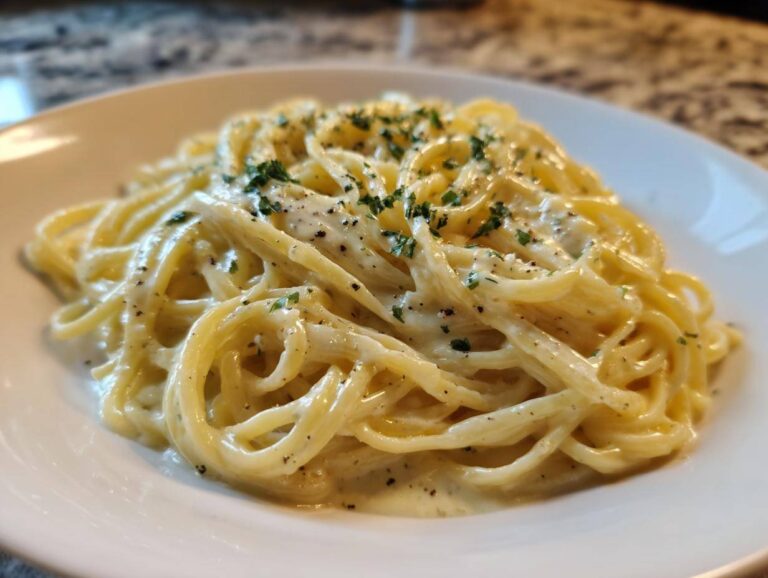 Close-up of spaghetti coated in creamy Olive Garden Alfredo Sauce, topped with black pepper and parsley.