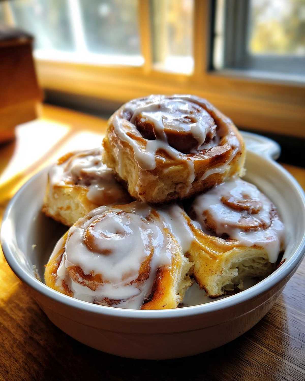A close-up of four freshly baked cinnamon rolls generously topped with white glaze, served in a small bowl.