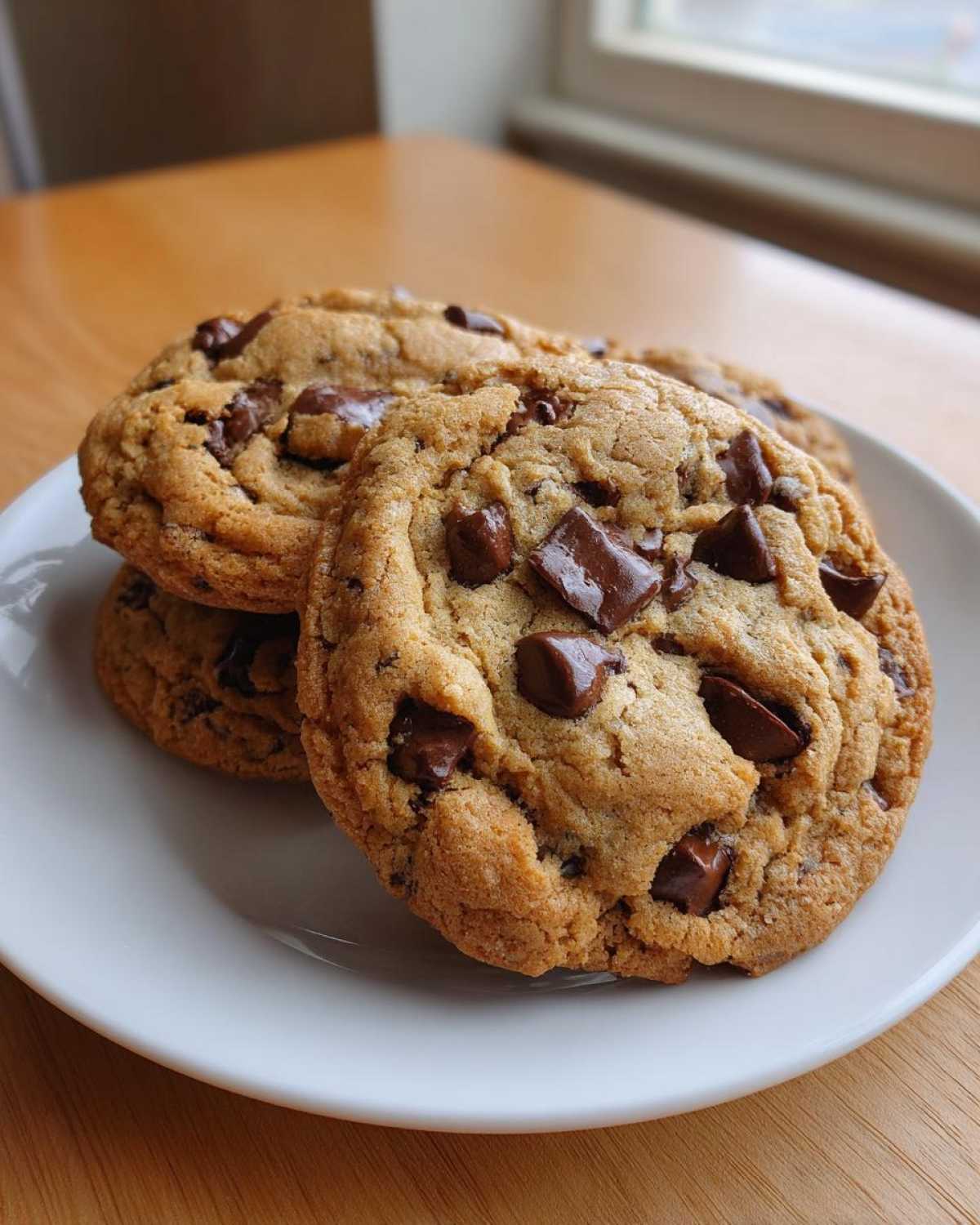 Close-up of three gooey vegan chocolate chip cookies stacked on a white plate.