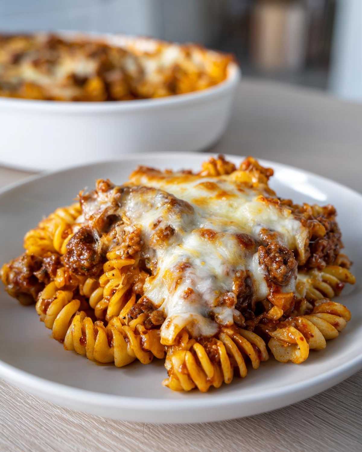 Close-up of a serving of pizza pasta featuring rotini noodles, meat sauce, and melted mozzarella cheese.