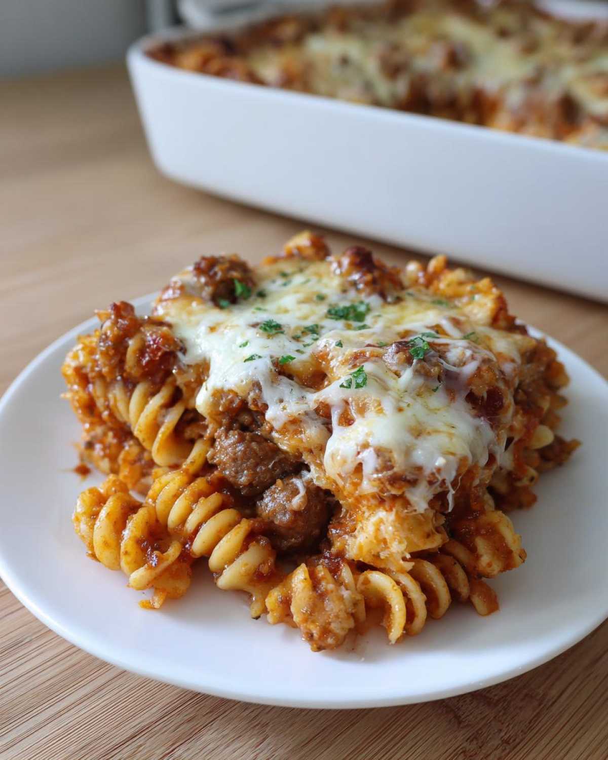 A close-up of a serving of cheesy pizza pasta casserole with rotini noodles and meat sauce on a white plate.