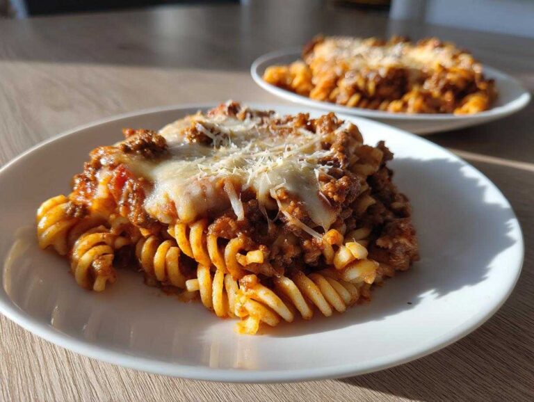A close-up of a serving of cheesy pizza pasta made with rotini noodles and meat sauce on a white plate.