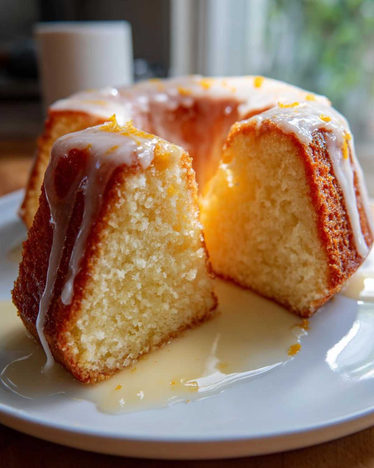 Close-up of a slice cut from an orange juice cake, drizzled with white glaze and orange zest.