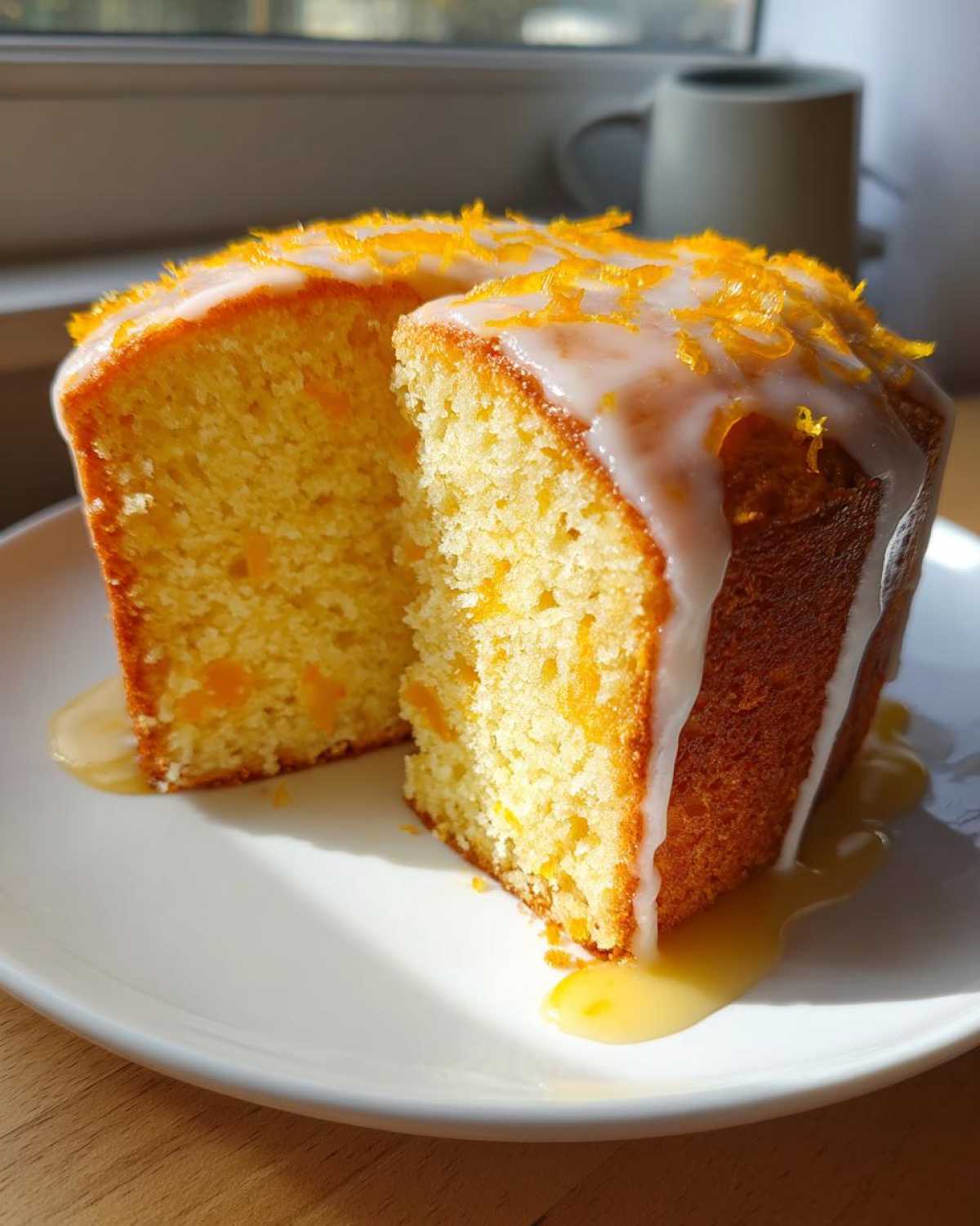 A slice cut from an orange juice cake, topped with white glaze and bright orange zest.