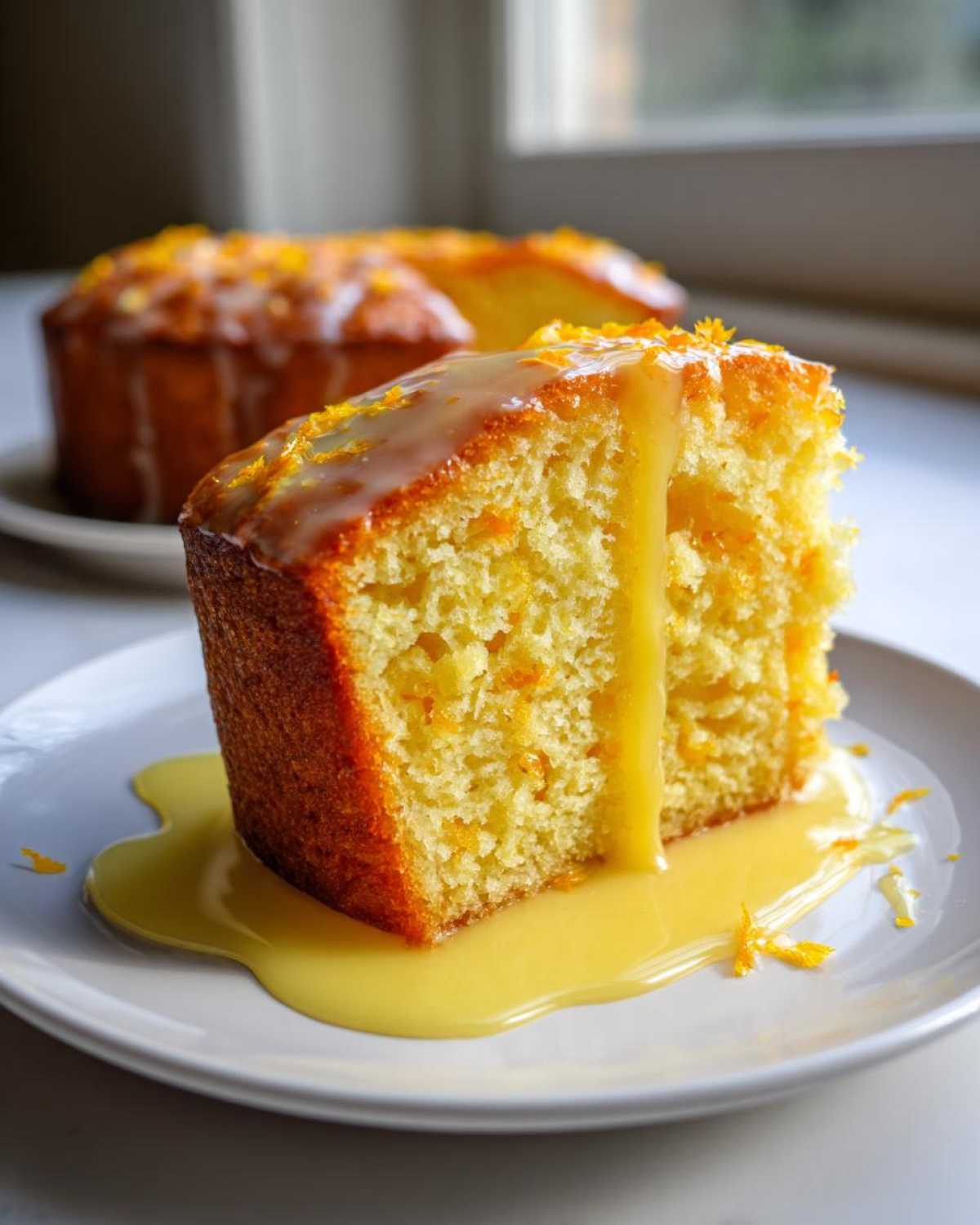 A generous slice of moist orange juice cake topped with a thick glaze and orange zest, sitting in extra sauce.