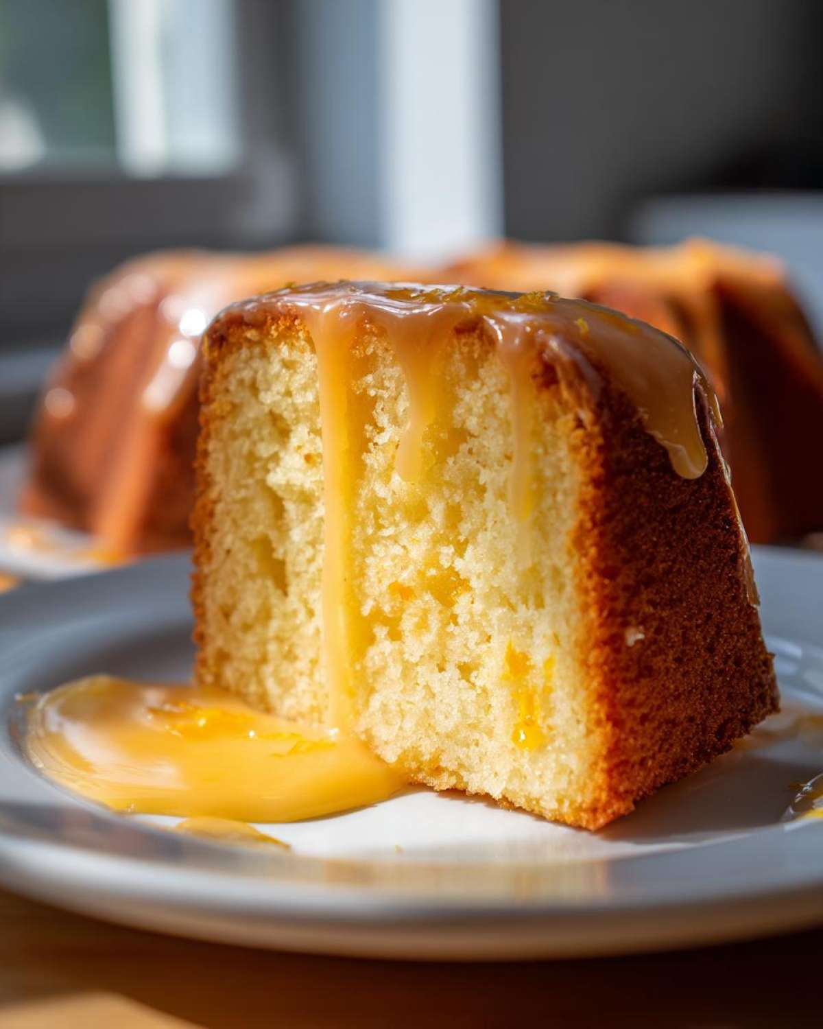 Close-up of a moist slice of orange juice cake topped with a thick, dripping orange glaze on a white plate.