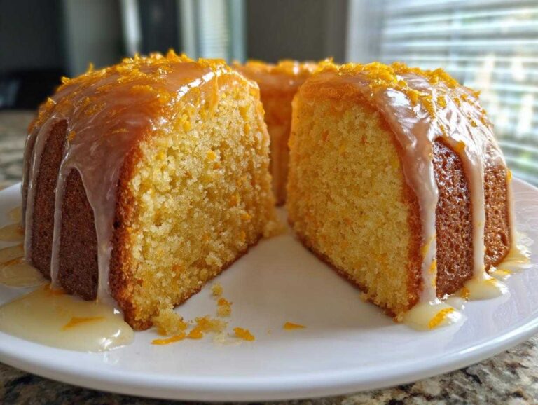 A slice cut from a moist orange juice cake, topped with a thick citrus glaze and zest.