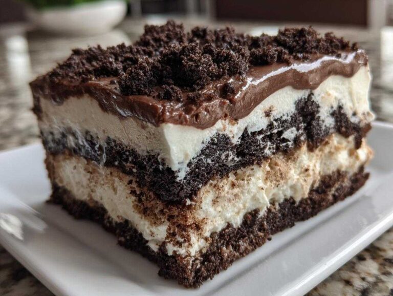 Close-up of a layered slice of no-bake Oreo dirt cake showing chocolate cookie layers and cream filling.