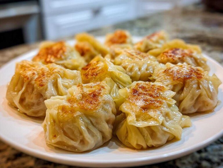 Amazing 1-Hour Traditional Chinese Dumplings Close-up of freshly pan-fried Traditional Chinese Dumplings arranged on a white plate.