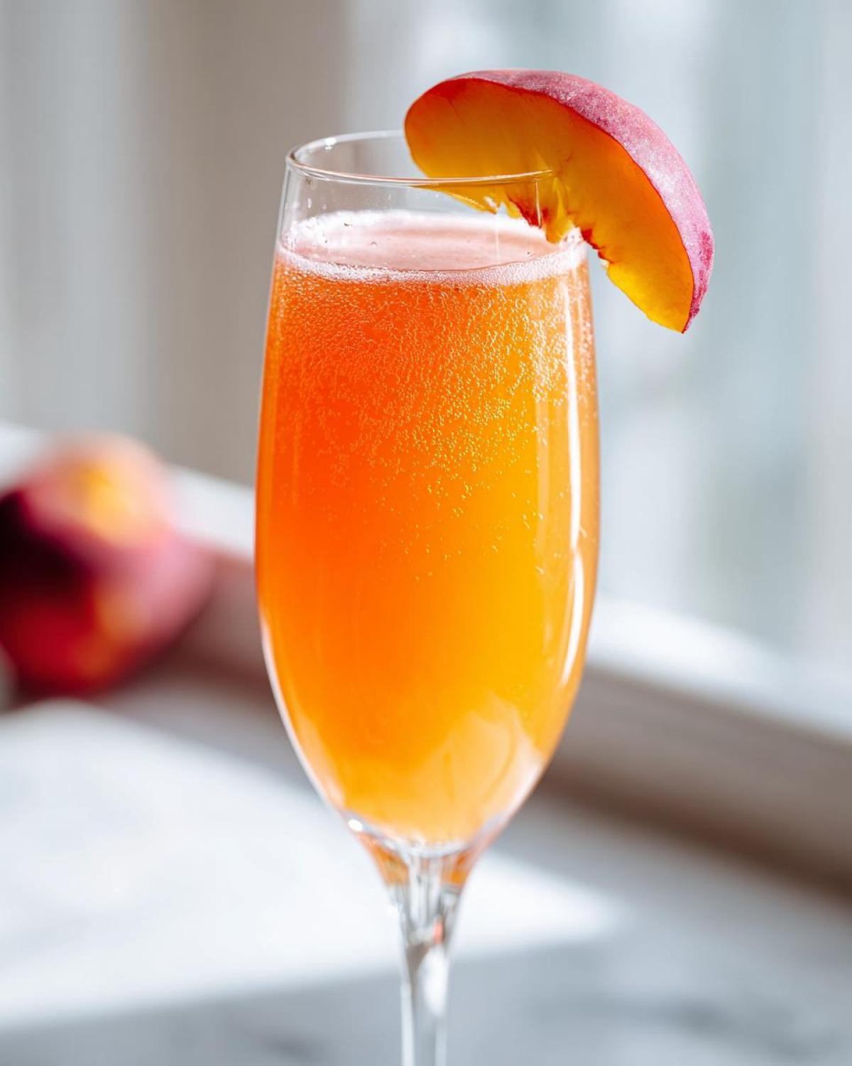 A vibrant orange peach bellini recipe served in a champagne flute, garnished with a fresh peach slice.