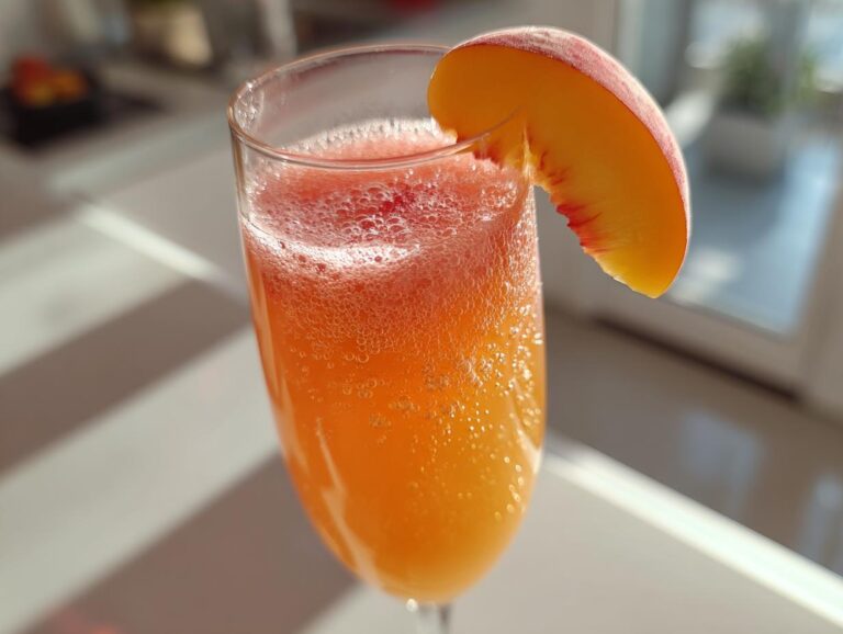 Close-up of a sparkling, orange-hued bellini recipe cocktail garnished with a fresh peach slice.