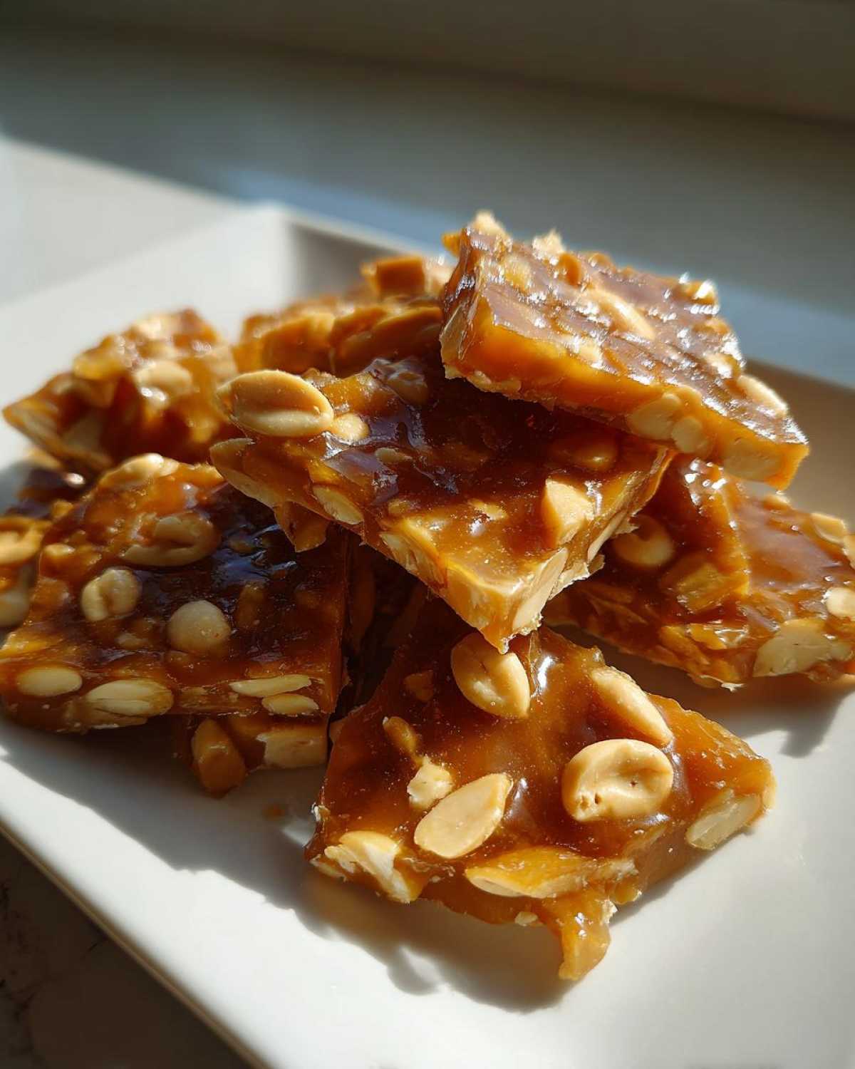 Close-up of broken pieces of golden brown peanut brittle recipe stacked on a white plate.
