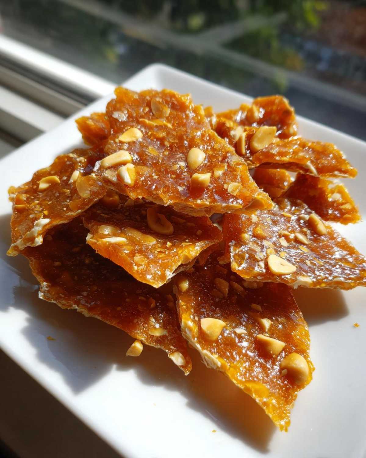 Close-up of golden, glassy pieces of homemade peanut brittle recipe scattered on a white plate.