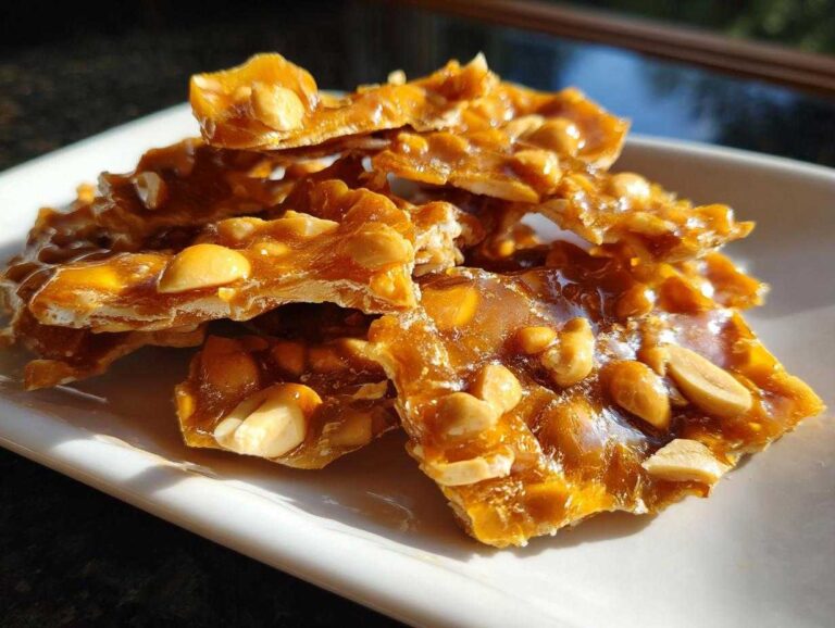 Close-up of golden, glossy pieces of homemade peanut brittle recipe stacked on a white plate.