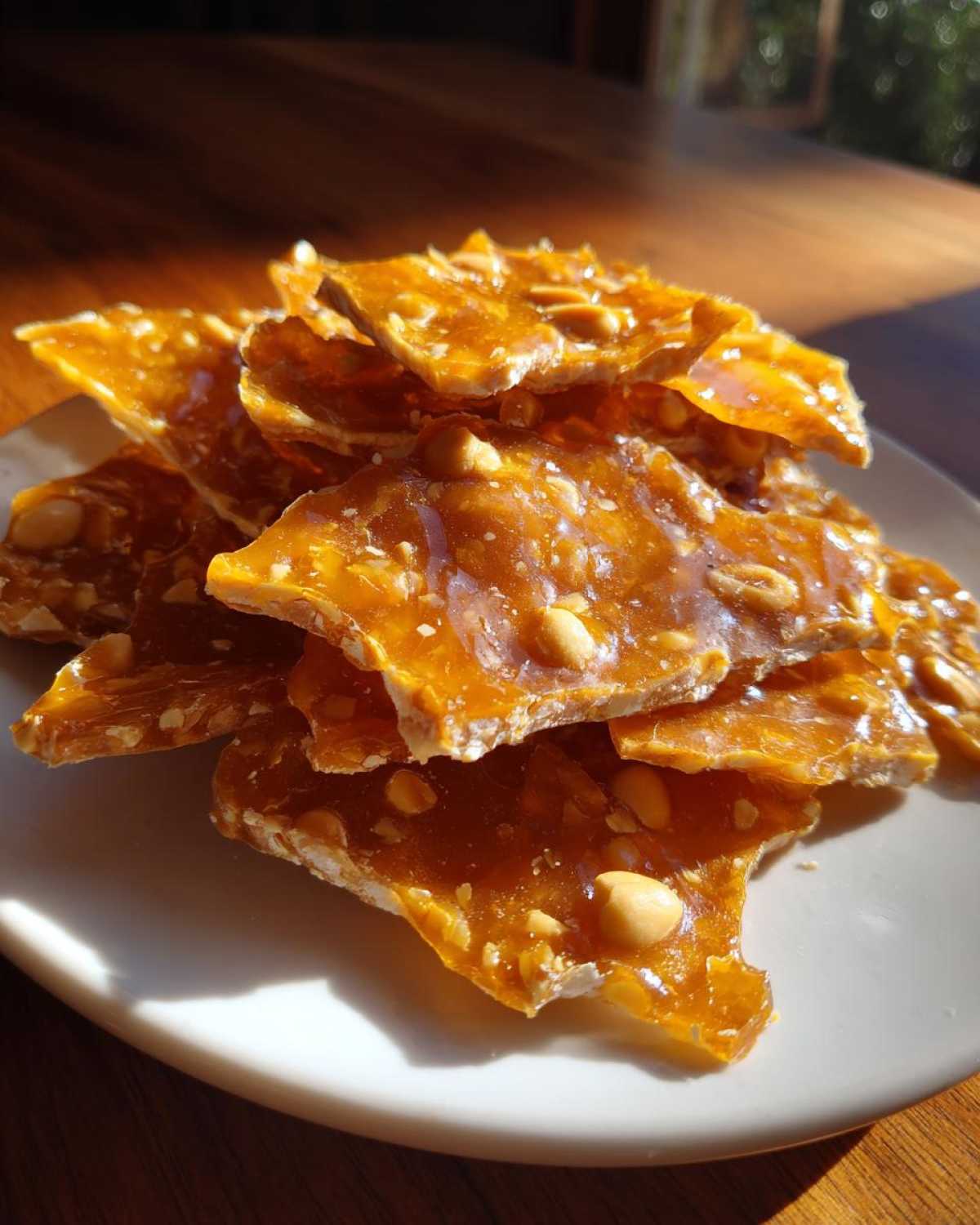 A stack of golden, glossy pieces of homemade peanut brittle recipe resting on a white plate.