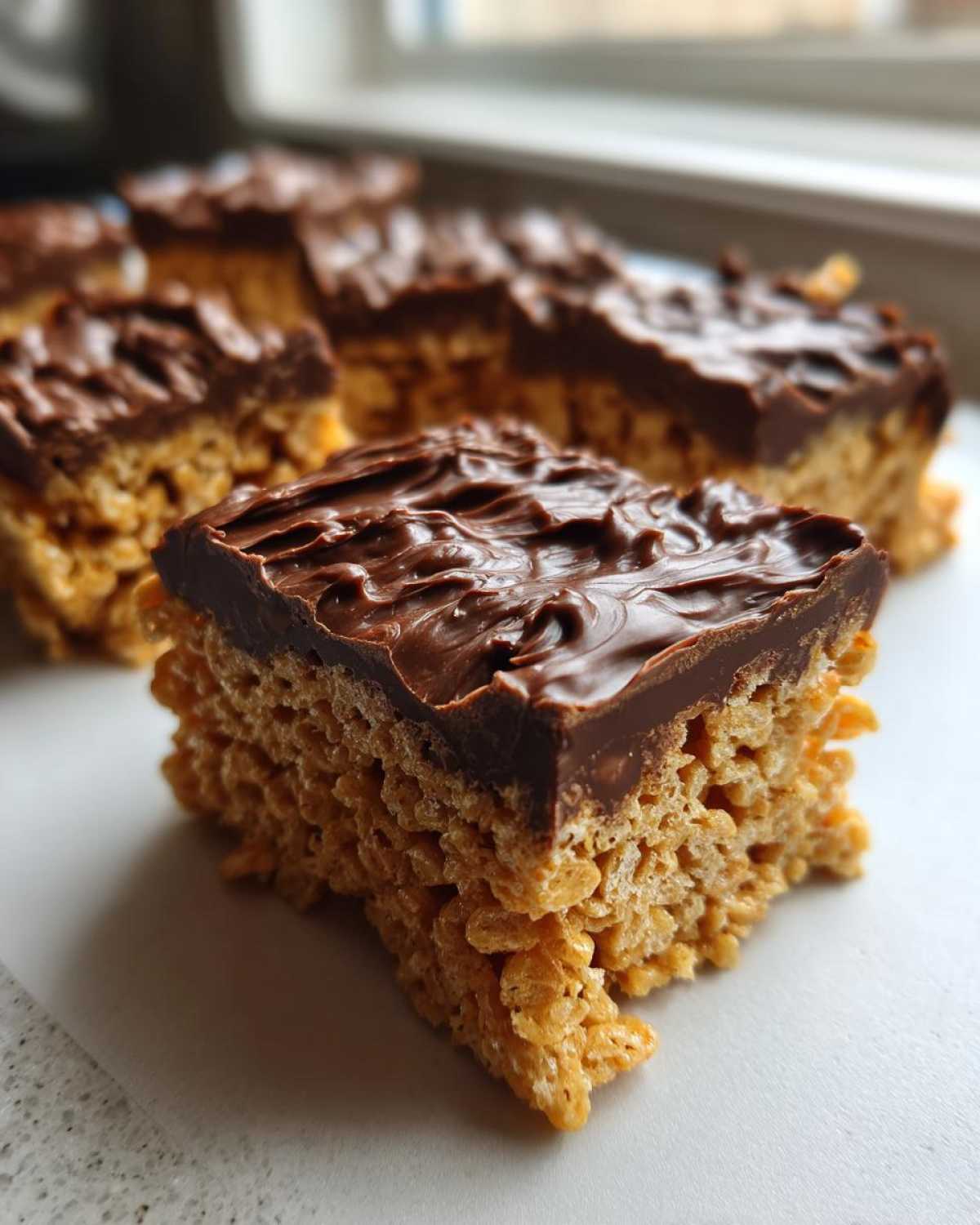 Close-up of a square peanut butter rice krispie treats bar topped with swirled melted chocolate.