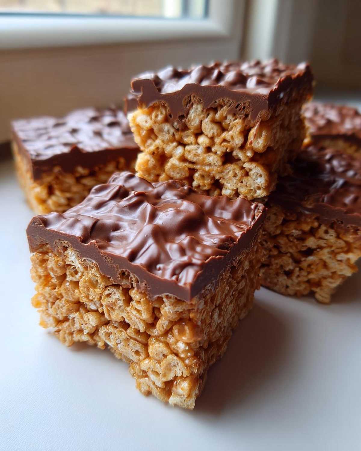 Close-up of stacked peanut butter rice krispie treats squares topped with a thick layer of melted chocolate.