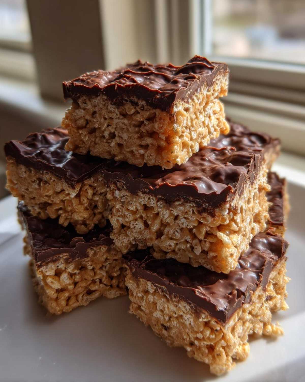 A stack of thick peanut butter rice krispie treats topped with a layer of melted chocolate.