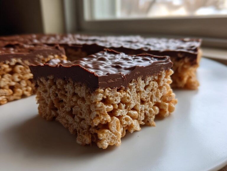 Close-up of a thick peanut butter rice krispie treats bar topped with glossy melted chocolate.