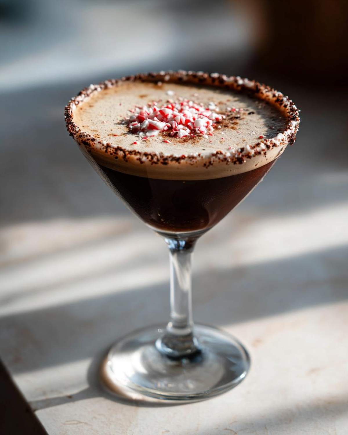 A dark peppermint espresso martini in a coupe glass, rimmed with chocolate and topped with crushed candy canes.
