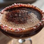 Close-up of a peppermint espresso martini with a thick layer of foam and a crushed candy cane rim.