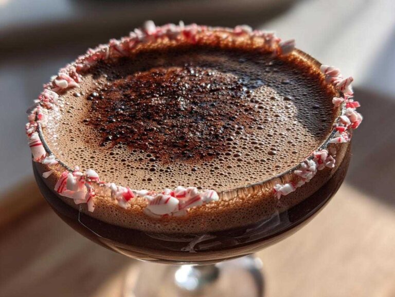 Close-up of a peppermint espresso martini with a thick layer of foam and a crushed candy cane rim.