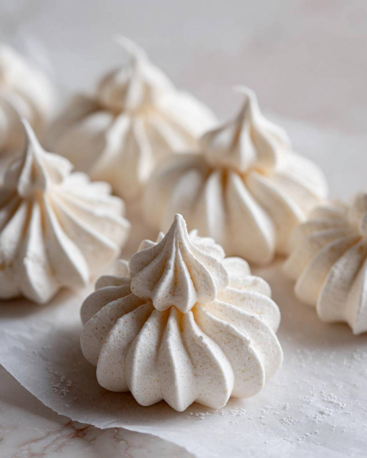 Close-up of perfectly piped, crisp white meringue cookies resting on parchment paper.
