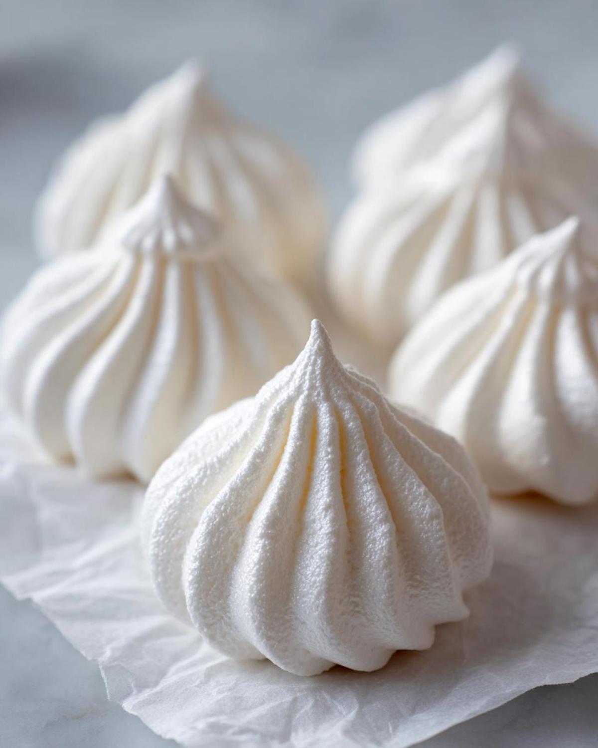 Close-up of several perfectly piped, glossy white meringue cookies resting on parchment paper.