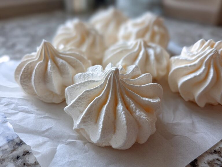 Close-up of several perfectly piped, white meringue cookies resting on crumpled parchment paper.