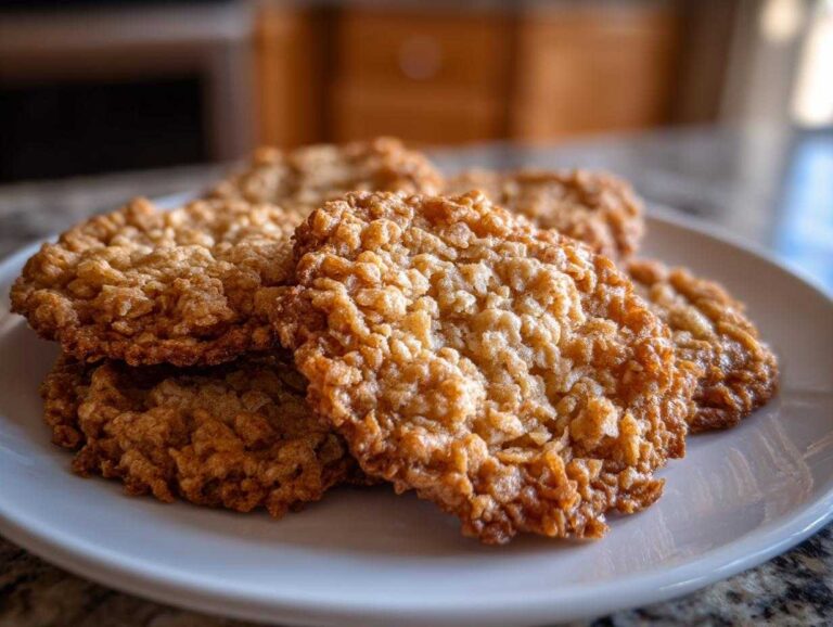 Close-up of several golden brown, lacy oatmeal lace cookies stacked on a white plate.