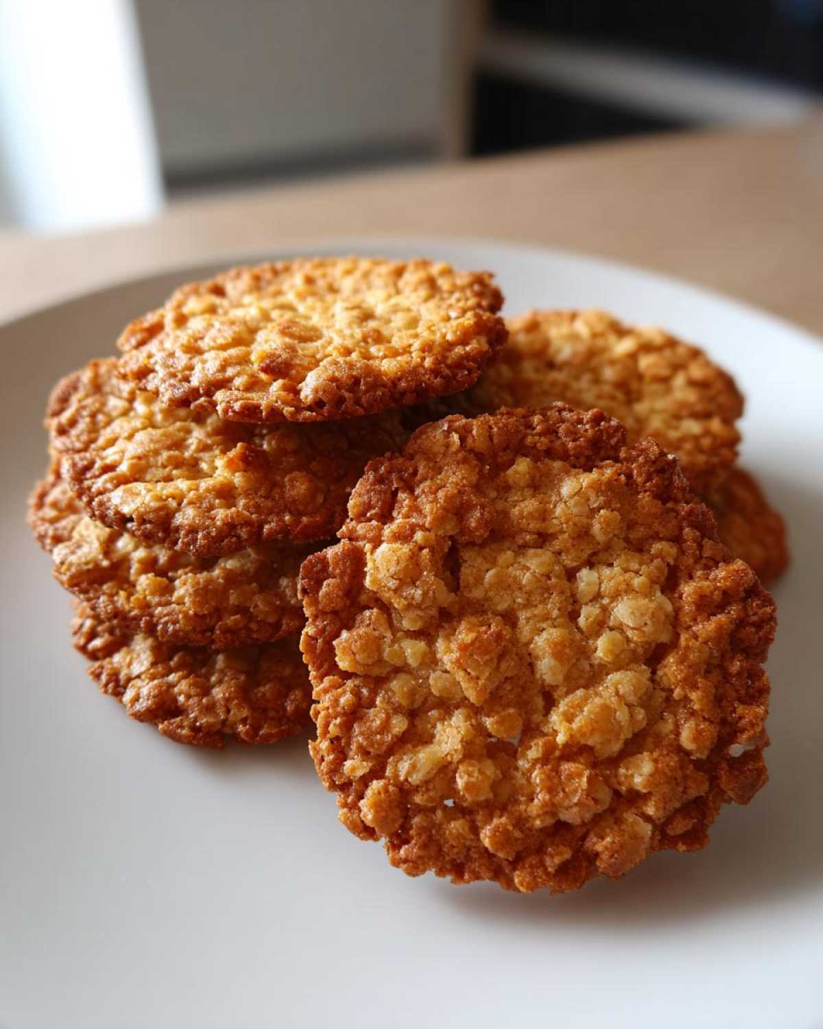 Close-up of several golden brown, crispy oatmeal lace cookies stacked on a white plate.