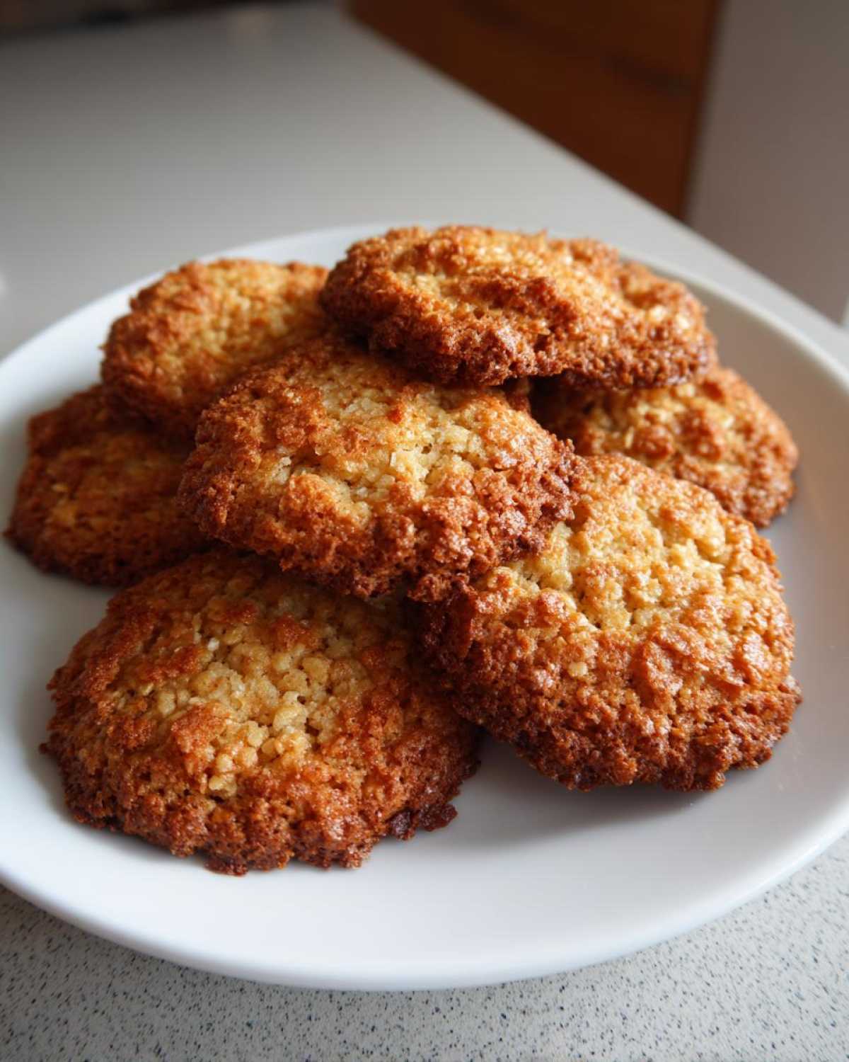 A stack of golden brown, crisp oatmeal lace cookies piled on a white plate.