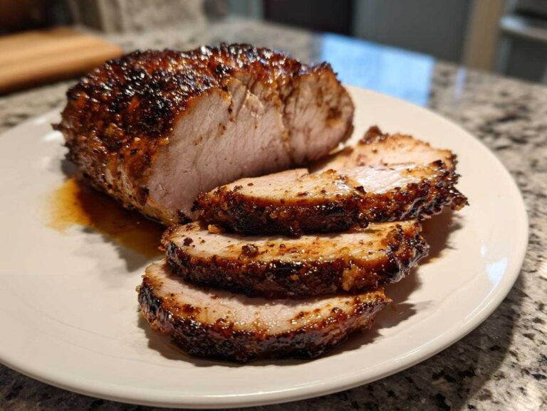 A beautifully seared and sliced pork loin roast resting on a white plate with pan juices.