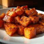 Close-up of glistening, cubed roasted sweet potato seasoned with dark spices on a white plate.