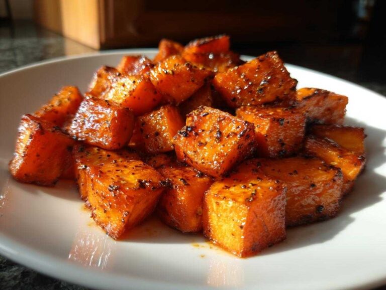 Close-up of glistening, cubed roasted sweet potato seasoned with dark spices on a white plate.