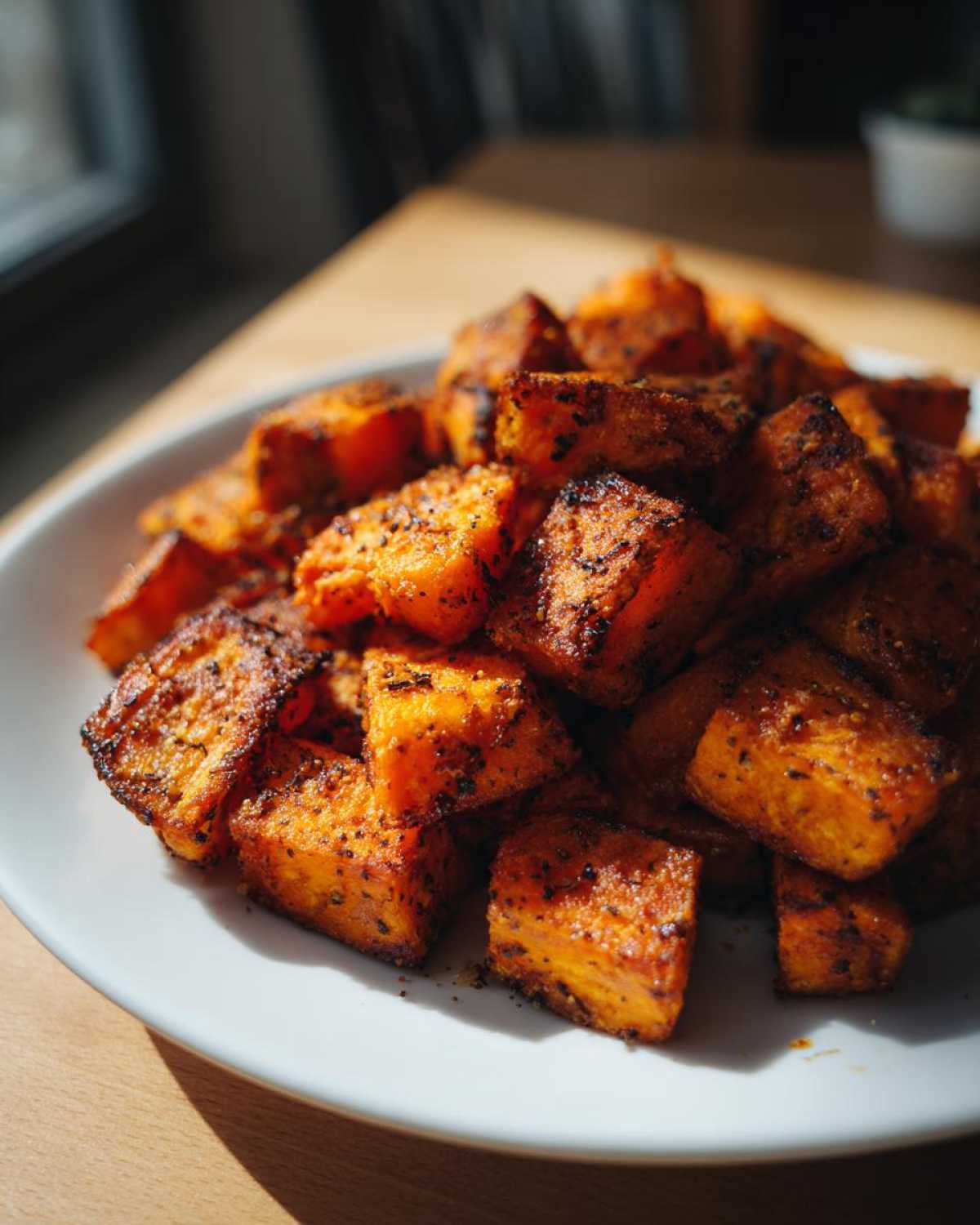 A close-up of perfectly seasoned and caramelized roasted sweet potato cubes piled on a white plate.
