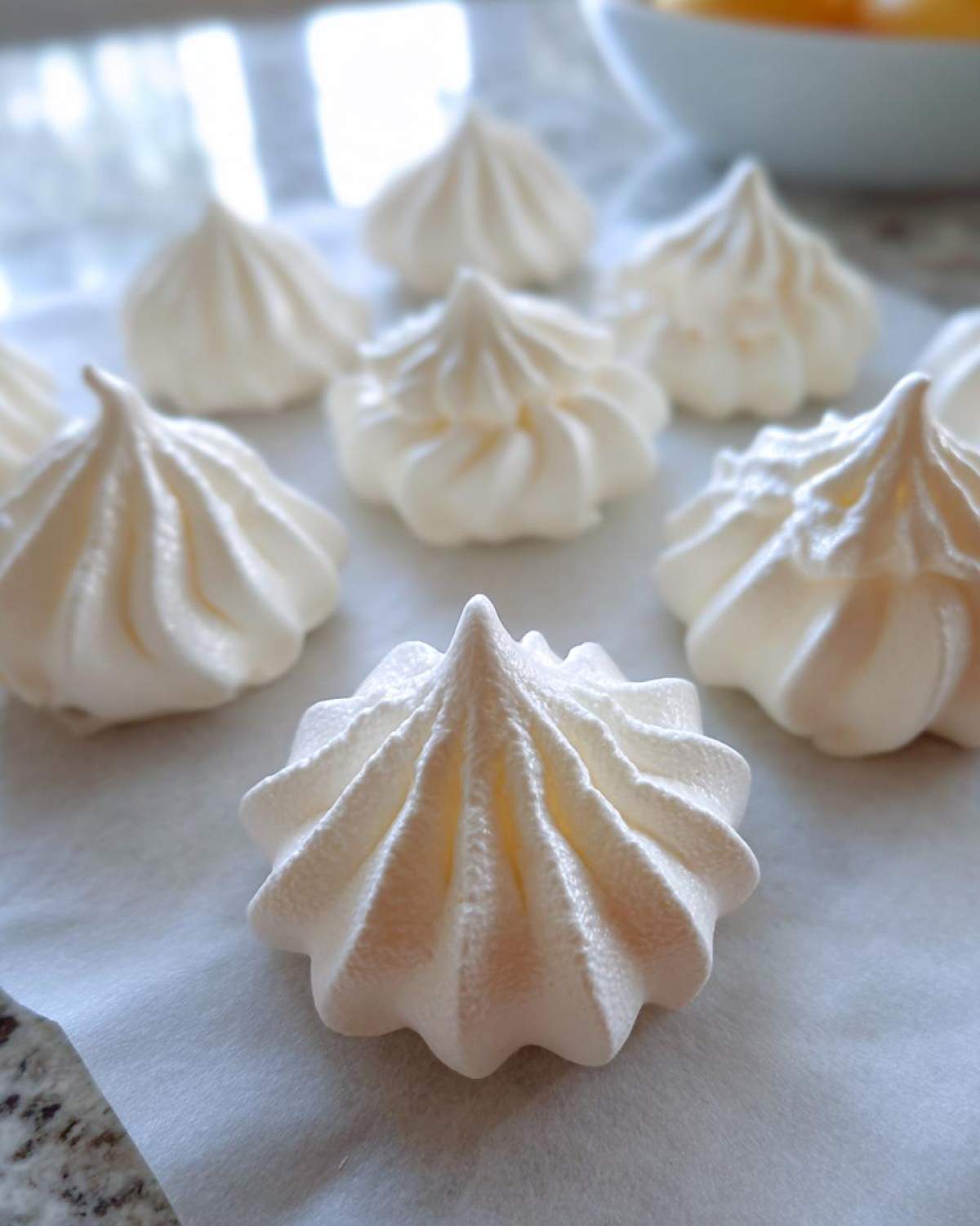 Close-up of several piped, white meringue cookies sitting on parchment paper before baking.