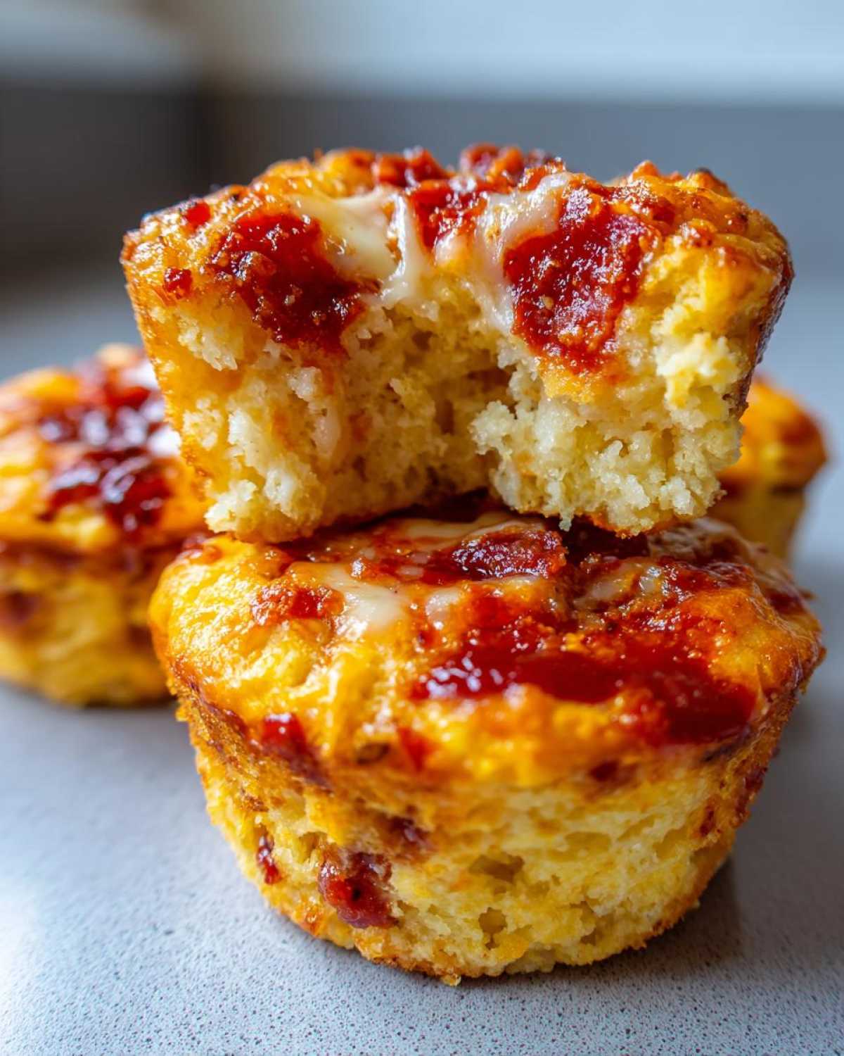 Close-up of two stacked pizza muffins, one with a bite taken out showing melted cheese inside and a tomato topping.