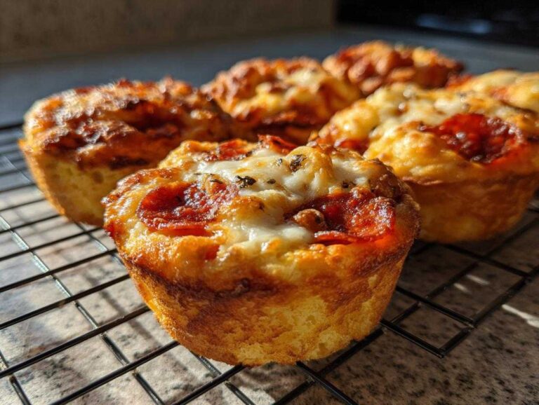 Close-up of several golden brown Pizza muffins topped with melted cheese and pepperoni slices cooling on a wire rack.