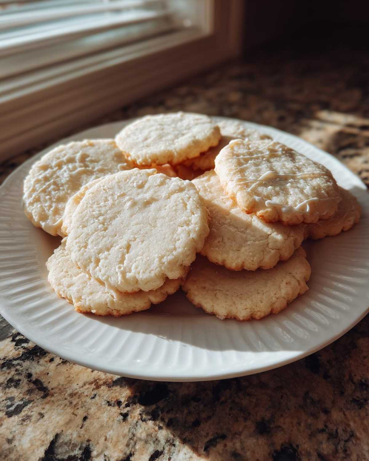 A plate piled high with round, pale vegan sugar cookies, some lightly drizzled with white icing.