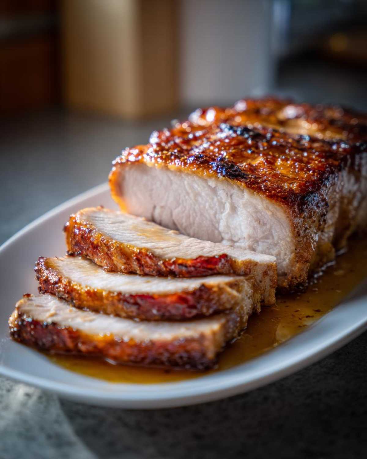 Close-up of a juicy pork loin roast, sliced to show the tender interior and caramelized crust, resting in pan juices.