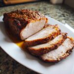 A beautifully cooked pork loin roast, partially sliced, showing a juicy interior and seasoned crust.